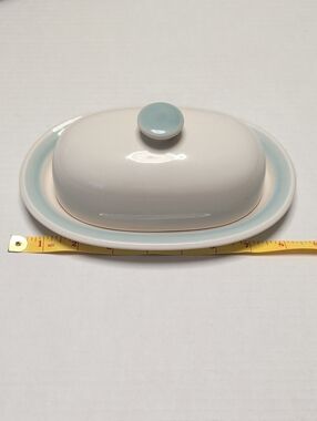 White Ceramic Butter Dish with Pale Blue Rim and Knob
